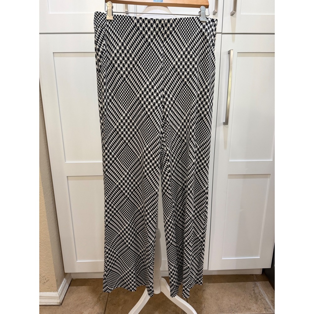 Chicos Houndstooth Wide Leg Pants Womens 1.5R US 10 Black White Stretch Pull On